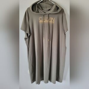 Calvin Klein Khaki/Olive Green Hooded Dress with Gold Logo Stretch Cotton 2X